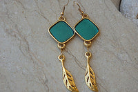 Gold Leaf Earrings. Turquoise Enamel Earrings. Enamel Leaf Earrings. Every Day Drop Earrings. Leaf Dangle Earrings. Gold Leaves Earrings