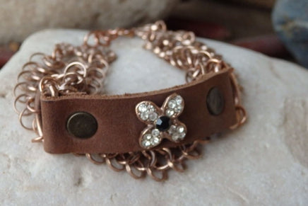 Gold Leather Band Bracelet. Brown Gold Leather Bracelet. Flower Gold Bracelet. Womens Brown Leather Bracelet. Womens Leather Link Bracelet