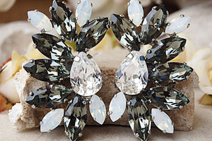 Gray Earrings. Rhinestone Earrings. Rebeka Black Diamond Earrings. Big Earring. Statement Earrings