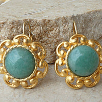 Green Earrings. Flower Earrings. Agate Earrings. Vintage Look Jewelry. Energy Earrings. Floral Earrings. Green Gold Earrings Gift. Handmade