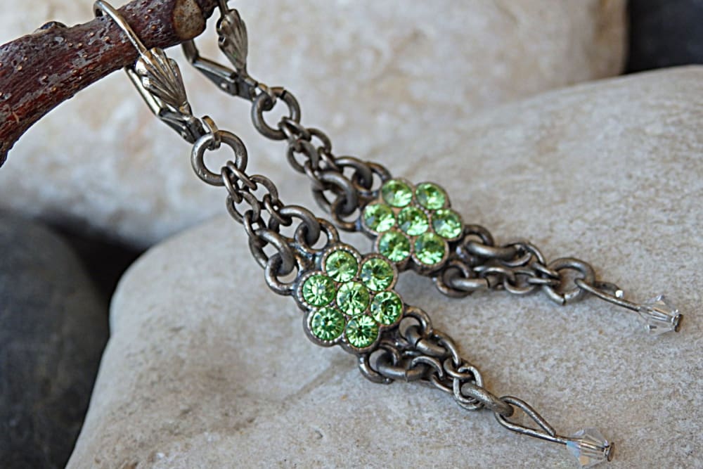 Green Earrings. Peridot Crystal Rebeka Earrings. Drop And Dangle Earrings. Light Green And Silver Earrings. Women Jewelry Gift. For Her