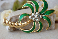 Green Gold Brooch.enamel Brooch. Vintage Green Brooch