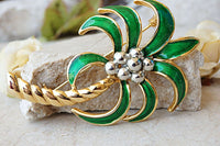 Green Gold Brooch.enamel Brooch. Vintage Green Brooch