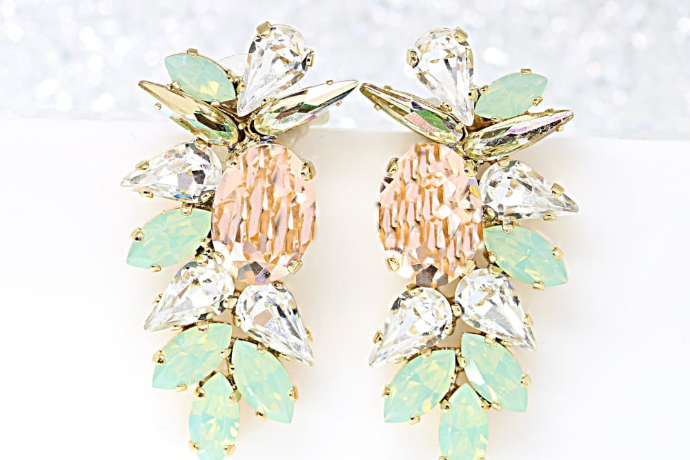 Green Mint Opal Bridal Crystal Earrings