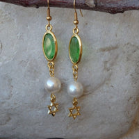 Green Star Jewish Earrings.judaica Charms Jewelry. Israeli Jewelry.green Rebeka Crystal Pearl Dangle Earrings.star Of David Drop Earrings