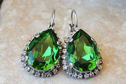 Green Rebeka Earrings. Green Drop Earrings. Bridal Rhinestone Green Earrings