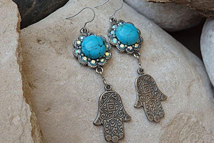 Hamsa Earrings. Turquoise And Rebeka Silver Protection Earrings. Genuine Turquoise Jewelry. Natural Gemstone Earrings. Evil Eye Earrings.