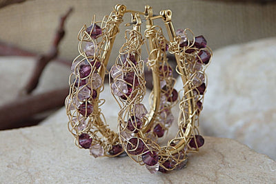 Handmade Wire Crochet Earrings. Gold Wire Hoop Earrings. Rebeka Beads Hoop Earrings. Gold Knitted Earrings. Gold Woven Wire Hoop Earrings