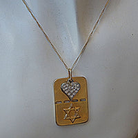 Heart And Star Of David Pendant. Charms Dog Tag Necklace. Israeli Jewelry. Jewish Jewelry. Gold Crystals Necklace. Army Charms Tag Necklace