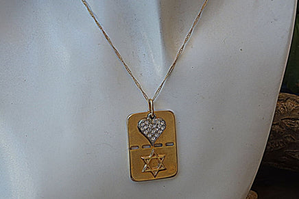Heart And Star Of David Pendant. Charms Dog Tag Necklace. Israeli Jewelry. Jewish Jewelry. Gold Crystals Necklace. Army Charms Tag Necklace