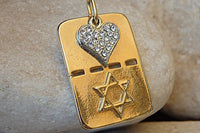 Heart And Star Of David Pendant. Charms Dog Tag Necklace. Israeli Jewelry. Jewish Jewelry. Gold Crystals Necklace. Army Charms Tag Necklace
