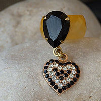 Heart Shape Ring. Yellow Agate Ring With Rebeka Crystal Heart. Drop Heart Ring. Big Black Teardrop Ring. Rebeka Ring. Black Gemstone