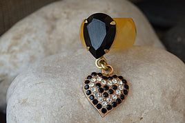 Heart Shape Ring. Yellow Agate Ring With Rebeka Crystal Heart. Drop Heart Ring. Big Black Teardrop Ring. Rebeka Ring. Black Gemstone