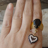 Heart Shape Ring. Yellow Agate Ring With Rebeka Crystal Heart. Drop Heart Ring. Big Black Teardrop Ring. Rebeka Ring. Black Gemstone
