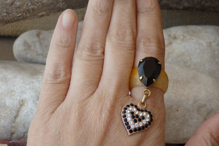 Heart Shape Ring. Yellow Agate Ring With Rebeka Crystal Heart. Drop Heart Ring. Big Black Teardrop Ring. Rebeka Ring. Black Gemstone