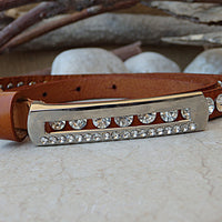 Skinny brown leather belt. Rebeka studded belt. Thin leather belt. Rhinestone Belt. Women&#39;s narrow leather belt. Rectangle silver buckle