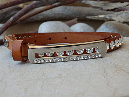 Skinny brown leather belt. Rebeka studded belt. Thin leather belt. Rhinestone Belt. Women&#39;s narrow leather belt. Rectangle silver buckle