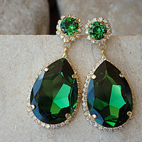 Mother of Bride Teardrop Earrings, Gold Emerald Earrings, Drop Shaped Dangle Earrings, Green Rebeka Earrings, Rhinestone Emerald Earrings