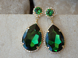 Mother of Bride Teardrop Earrings, Gold Emerald Earrings, Drop Shaped Dangle Earrings, Green Rebeka Earrings, Rhinestone Emerald Earrings