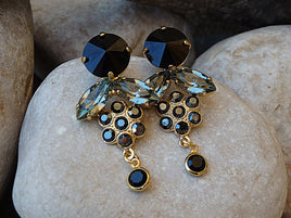 Black evening earrings. Black and grey elegant earrings. Jet hematite Rebeka earrings. Black crystal earrings. Black cluster earrings