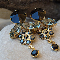 Black evening earrings. Black and grey elegant earrings. Jet hematite Rebeka earrings. Black crystal earrings. Black cluster earrings