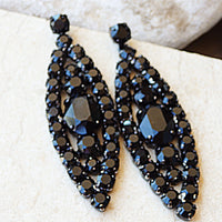 Black cocktail Earrings, Rebeka black Earrings, Oval Big Earrings, Cluster Long Earrings, Rhinestone evening Earrings.Prom Black earrings