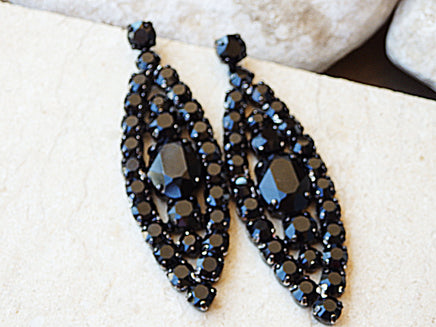 Black cocktail Earrings, Rebeka black Earrings, Oval Big Earrings, Cluster Long Earrings, Rhinestone evening Earrings.Prom Black earrings