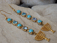 Jerusalem Holy Temple Menorah Earrings. Holy Land Earrings. Gold Judaica Israel Jewish Hannukah Earrings. Long Turquoise Rebeka Earrings