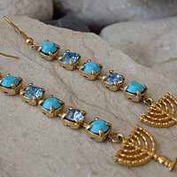 Jerusalem Holy Temple Menorah Earrings. Holy Land Earrings. Gold Judaica Israel Jewish Hannukah Earrings. Long Turquoise Rebeka Earrings