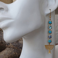 Jerusalem Holy Temple Menorah Earrings. Holy Land Earrings. Gold Judaica Israel Jewish Hannukah Earrings. Long Turquoise Rebeka Earrings