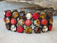Multi colors Rebeka earrings. Red orange earrings. Antique brass fire earrings. Pave earrings. Rebeka Crystal fancy bar stone earrings