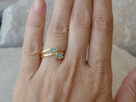 Double Opal Gold Ring, Blue Opal Flower Ring, Double Gemstone Ring, Gold Two Opal Ring, Blue Floral Jewelry Gift, Women&#39;s Fire Opal Ring