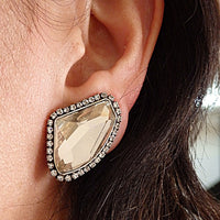 Champagne clip on earrings, Gold clip earrings, Asymmetric Rebeka earrings, Non pierced earrings, Bride earrings, Crystal clip earrings