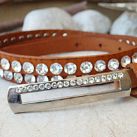 Skinny brown leather belt. Rebeka studded belt. Thin leather belt. Rhinestone Belt. Women&#39;s narrow leather belt. Rectangle silver buckle