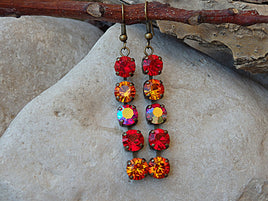 Multi colors Rebeka earrings. Red orange earrings. Antique brass fire earrings. Pave earrings. Rebeka Crystal fancy bar stone earrings