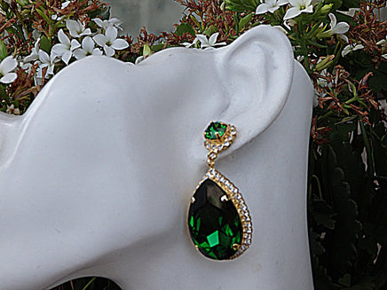 Mother of Bride Teardrop Earrings, Gold Emerald Earrings, Drop Shaped Dangle Earrings, Green Rebeka Earrings, Rhinestone Emerald Earrings