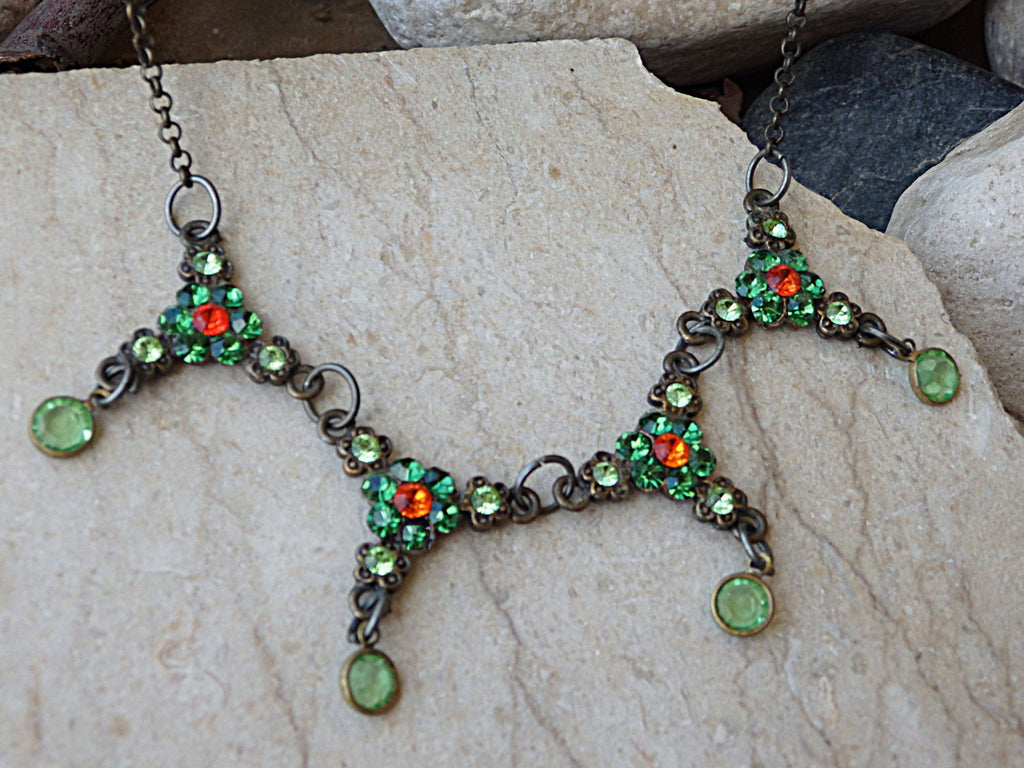 Emerald and Orange Necklace, Green Bib Necklace, Emerald Green Necklace, Brass Bib Necklace, Green Jewelry, Orange Green Rebeka Necklace