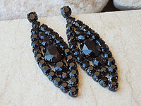 Black cocktail Earrings, Rebeka black Earrings, Oval Big Earrings, Cluster Long Earrings, Rhinestone evening Earrings.Prom Black earrings