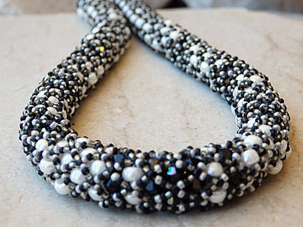 Beaded Rebeka necklace. Black and white necklace. bead work jewelry.Whith pearl necklace. Evening necklace. Cocktail necklace. Wife