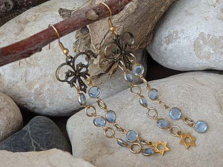 Chandelier Star of David earrings. Rebeka dangle earrings. Blue long earrings. Jewish earrings gift. Holiday gift idea. Gold Magen David