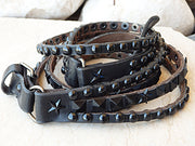 Studded belt, Gothic leather belt, Silver metal belt, Black leather belt, Multi layered leather belt for women thin belt, Metal buckle belt