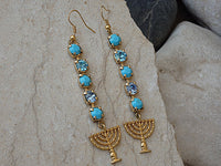 Jerusalem Holy Temple Menorah Earrings. Holy Land Earrings. Gold Judaica Israel Jewish Hannukah Earrings. Long Turquoise Rebeka Earrings