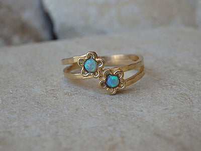 Double Opal Gold Ring, Blue Opal Flower Ring, Double Gemstone Ring, Gold Two Opal Ring, Blue Floral Jewelry Gift, Women's Fire Opal Ring