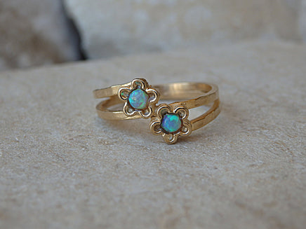 Double Opal Gold Ring, Blue Opal Flower Ring, Double Gemstone Ring, Gold Two Opal Ring, Blue Floral Jewelry Gift, Women&#39;s Fire Opal Ring