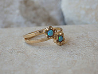 Double Opal Gold Ring, Blue Opal Flower Ring, Double Gemstone Ring, Gold Two Opal Ring, Blue Floral Jewelry Gift, Women&#39;s Fire Opal Ring