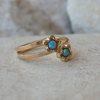 Double Opal Gold Ring, Blue Opal Flower Ring, Double Gemstone Ring, Gold Two Opal Ring, Blue Floral Jewelry Gift, Women&#39;s Fire Opal Ring