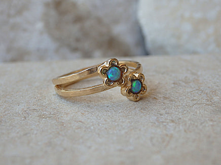 Double Opal Gold Ring, Blue Opal Flower Ring, Double Gemstone Ring, Gold Two Opal Ring, Blue Floral Jewelry Gift, Women&#39;s Fire Opal Ring