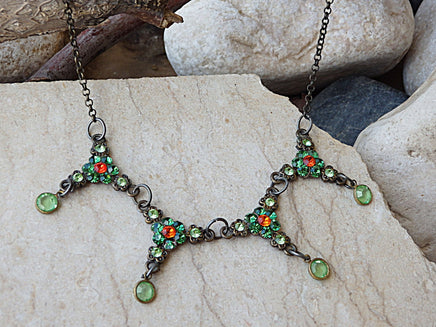 Emerald and Orange Necklace, Green Bib Necklace, Emerald Green Necklace, Brass Bib Necklace, Green Jewelry, Orange Green Rebeka Necklace