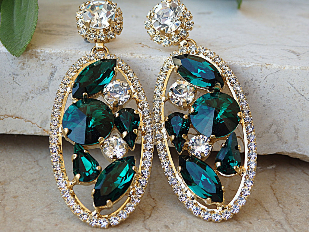 EMERALD EARRINGS, Dark Green Crystal Earrings, Emerald Wedding Jewelry,  Cluster Studs, Bridal Earring, Woman Earring,classic Jewel - Etsy