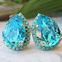 Rhinestone clip on earring.Clip on stud. Turquoise  earrings. Teardrop earrings. Women clip ons earrings. Teal earrings. Blue studs